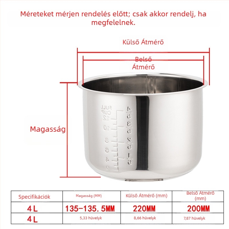 Elektromos nyomásfőző belső edénye, 304 rozsdamentes acél, modell 165, kettős alj, vastított alj, korrózióálló