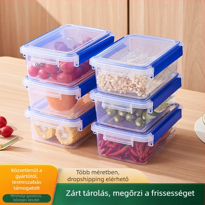 Zárható téglalap alakú műanyag élelmiszer-tároló doboz fedővel, melegen tart, mikrohullámú sütő nem használható