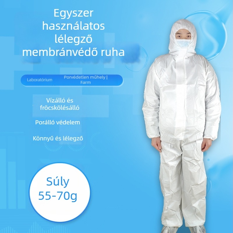 Egyszer használatos PP+PE védőoverál, vízálló és porálló, egyrészes kivitel, laboratóriumok, tiszta helyiségek, gazdaságok és ellenőrzések számára