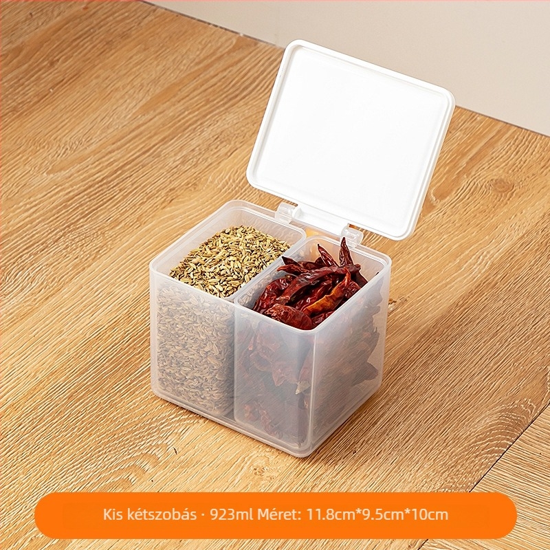 Átlátszó műanyag tároló doboz gabonafélék és fűszerek számára, rekeszes elrendezésű, hűtő- és fagyasztóba alkalmas