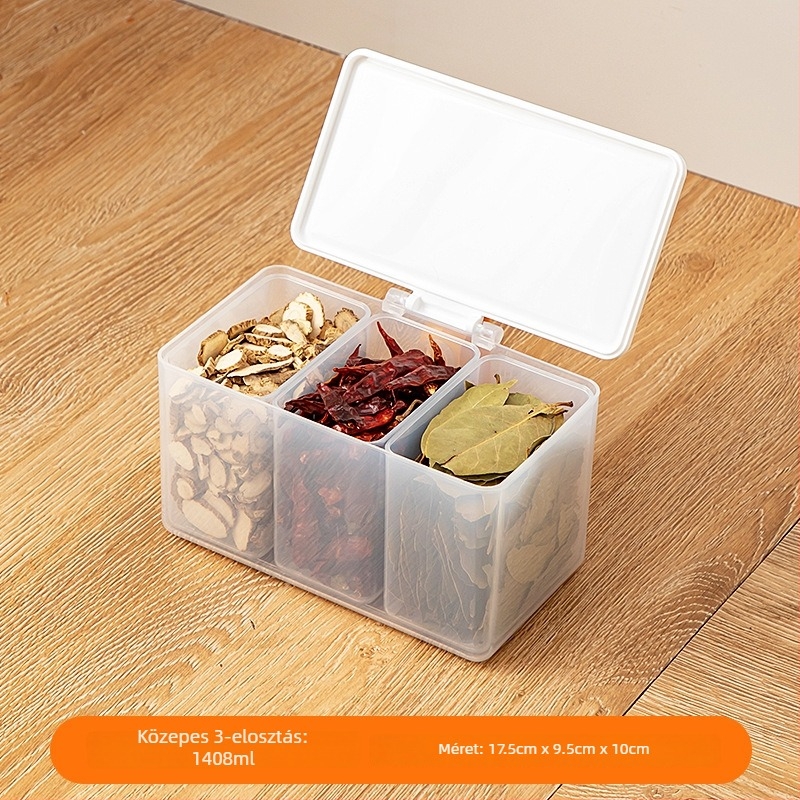 Átlátszó műanyag tároló doboz gabonafélék és fűszerek számára, rekeszes elrendezésű, hűtő- és fagyasztóba alkalmas