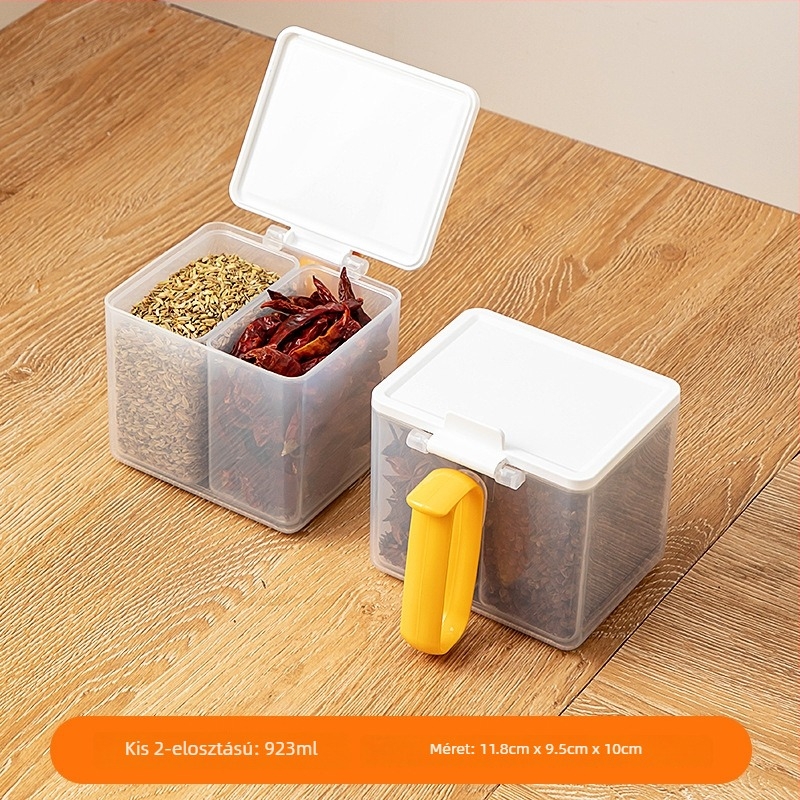 Átlátszó műanyag tároló doboz gabonafélék és fűszerek számára, rekeszes elrendezésű, hűtő- és fagyasztóba alkalmas