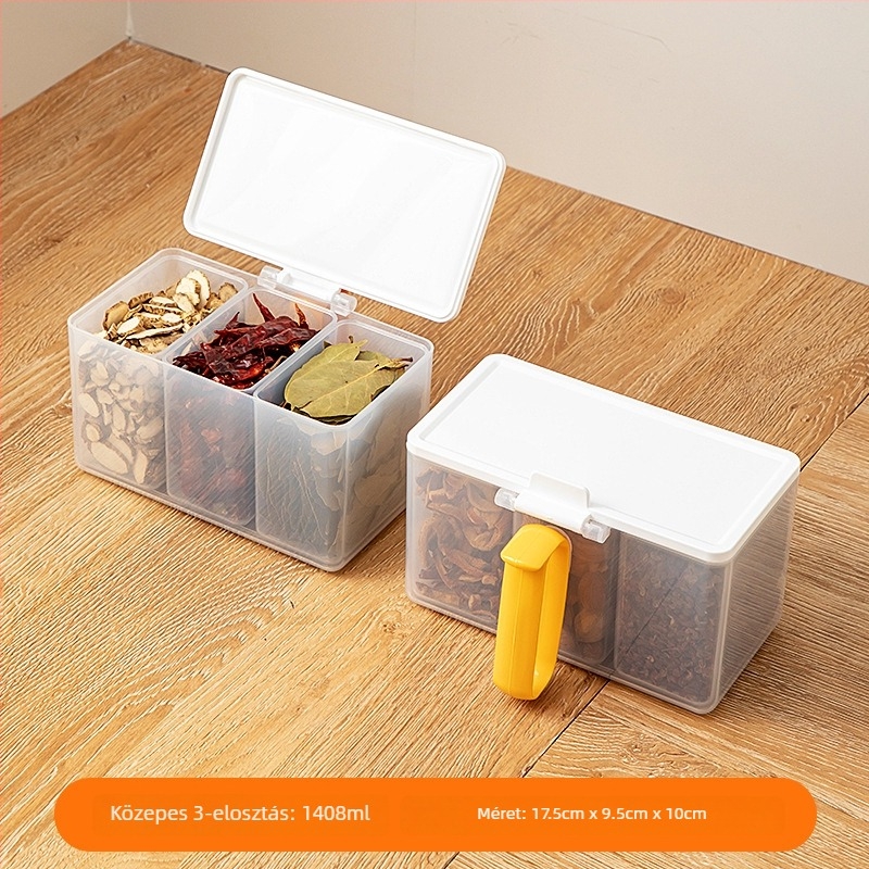 Átlátszó műanyag tároló doboz gabonafélék és fűszerek számára, rekeszes elrendezésű, hűtő- és fagyasztóba alkalmas