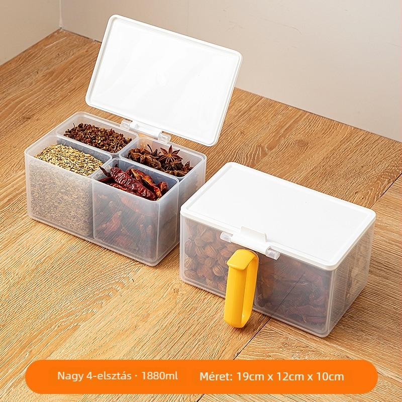 Átlátszó műanyag tároló doboz gabonafélék és fűszerek számára, rekeszes elrendezésű, hűtő- és fagyasztóba alkalmas