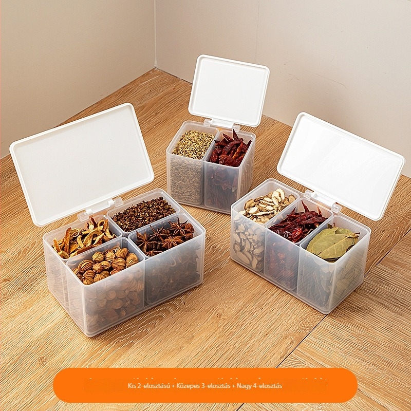 Átlátszó műanyag tároló doboz gabonafélék és fűszerek számára, rekeszes elrendezésű, hűtő- és fagyasztóba alkalmas