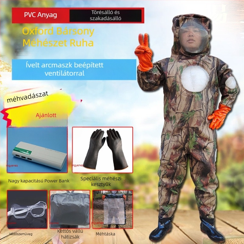 Darázs- és méhvédő ruházat – teljes készlet, pamut anyag, szétválasztható típus, súly 1,0 kg, megerősített változat övvel és 3 ventilátorral