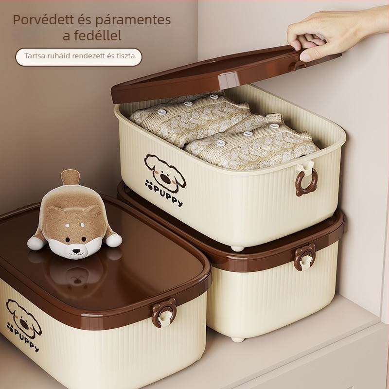 Asztali tároló doboz fedővel, PP műanyag, rajzfilmszerű dizájn