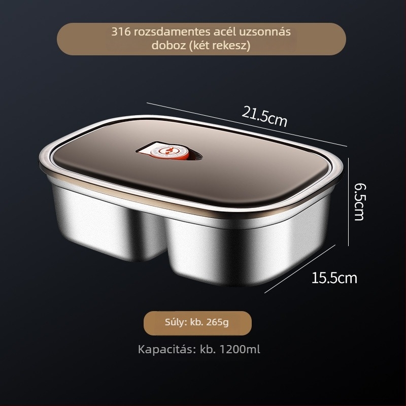 316 rozsdamentes acél ebédes doboz, téglalap alakú, mikrohullámú sütőben használható, kapacitás 2.1-3 L / 4.1-5 L, egy- vagy két rétegű