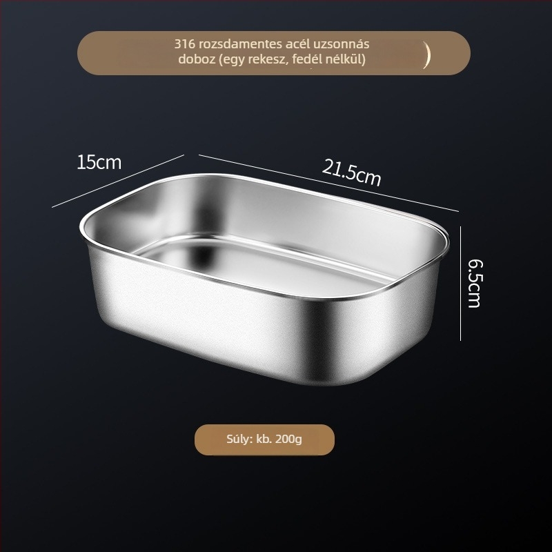 316 rozsdamentes acél ebédes doboz, téglalap alakú, mikrohullámú sütőben használható, kapacitás 2.1-3 L / 4.1-5 L, egy- vagy két rétegű