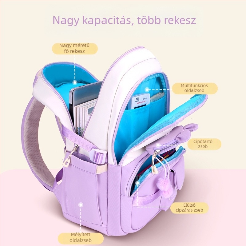 Uniszex könnyű iskolatáska nagy kapacitással, Oxford anyagból, légáteresztő, ergonómikus hátsó panel a gerinc védelméért, általános iskolások és középiskolások számára