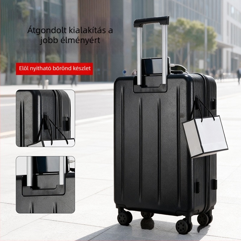 Előnyílású poggyász, ABS+PC kialakítás, nagy kapacitás, USB töltőport, bővíthető