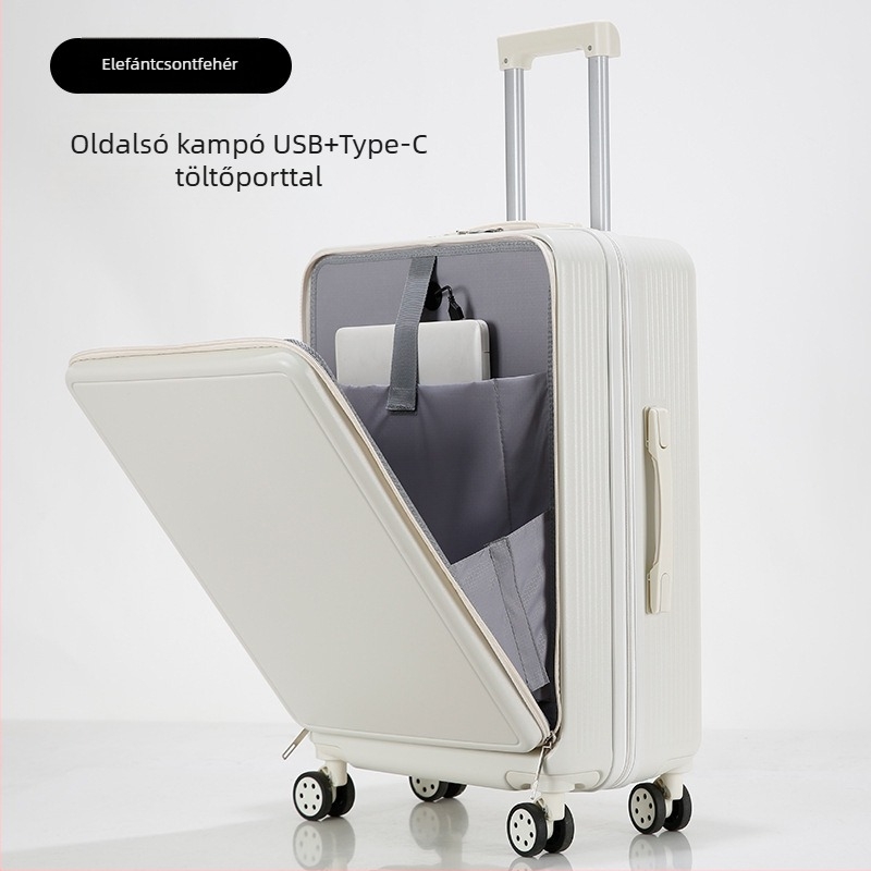 Előnyílású poggyász, ABS+PC kialakítás, nagy kapacitás, USB töltőport, bővíthető