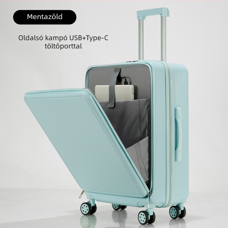 Előnyílású poggyász, ABS+PC kialakítás, nagy kapacitás, USB töltőport, bővíthető