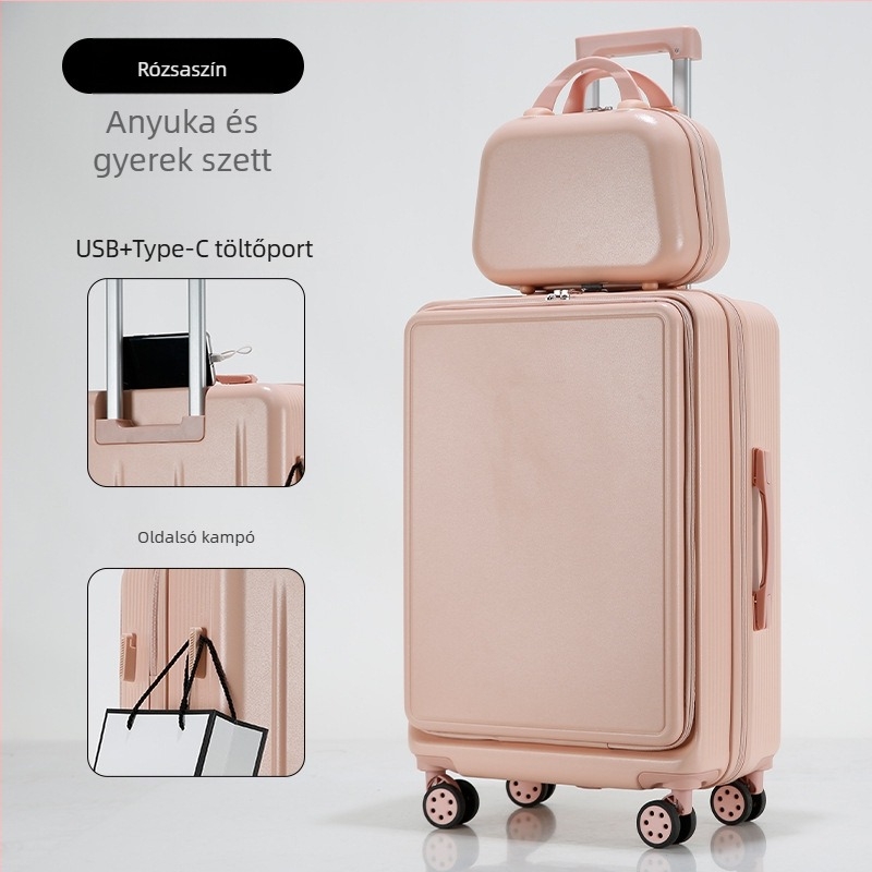 Előnyílású poggyász, ABS+PC kialakítás, nagy kapacitás, USB töltőport, bővíthető
