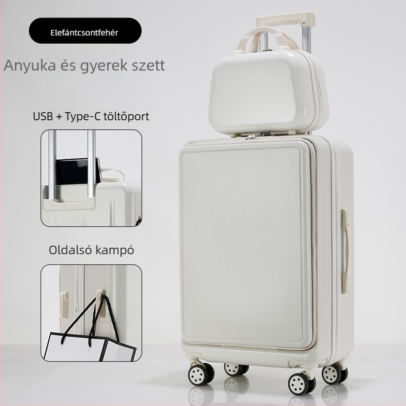 Előnyílású poggyász, ABS+PC kialakítás, nagy kapacitás, USB töltőport, bővíthető