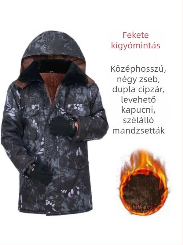 Férfi téli kapucnis kabát camufláj mintával, pamutból bélelt, fleece belsővel, középhosszú