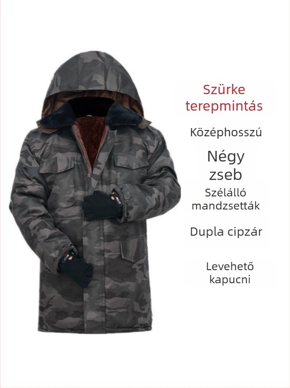 Férfi téli kapucnis kabát camufláj mintával, pamutból bélelt, fleece belsővel, középhosszú