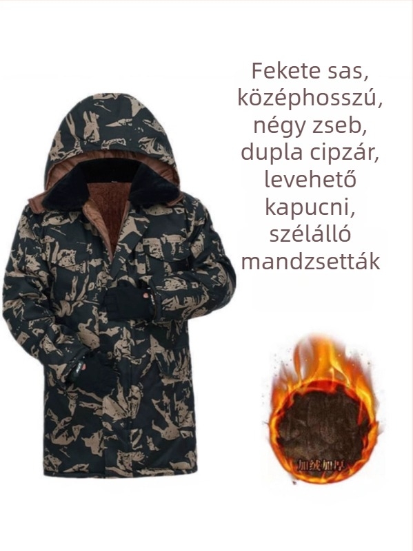 Férfi téli kapucnis kabát camufláj mintával, pamutból bélelt, fleece belsővel, középhosszú