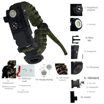 Kültéri túlélő karkötő, 15 az 1-ben paracord, szövött túlélő eszköz önvédelmi célokra