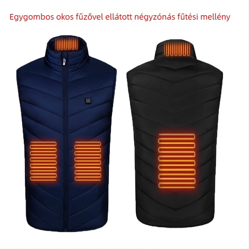 9-zónás fűtéses téli kültéri mellény, ultrakönnyű, meleg és szélálló, kardigán-stílusú, pamut bélés, poliészter anyag, uniszex, levehető bélés