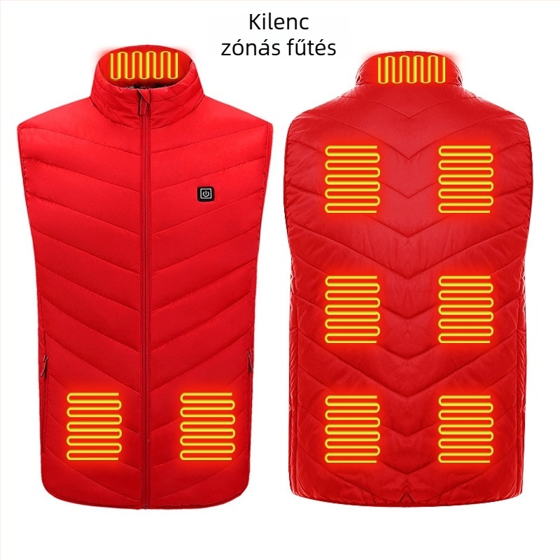 9-zónás fűtéses téli kültéri mellény, ultrakönnyű, meleg és szélálló, kardigán-stílusú, pamut bélés, poliészter anyag, uniszex, levehető bélés