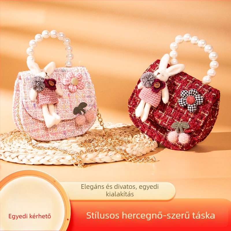 Lányoknak készült gyöngyös táska - hercegnő-stílus, szövött anyag, hengeres forma, fedélzárás, telefonzseb, egy vállpánt
