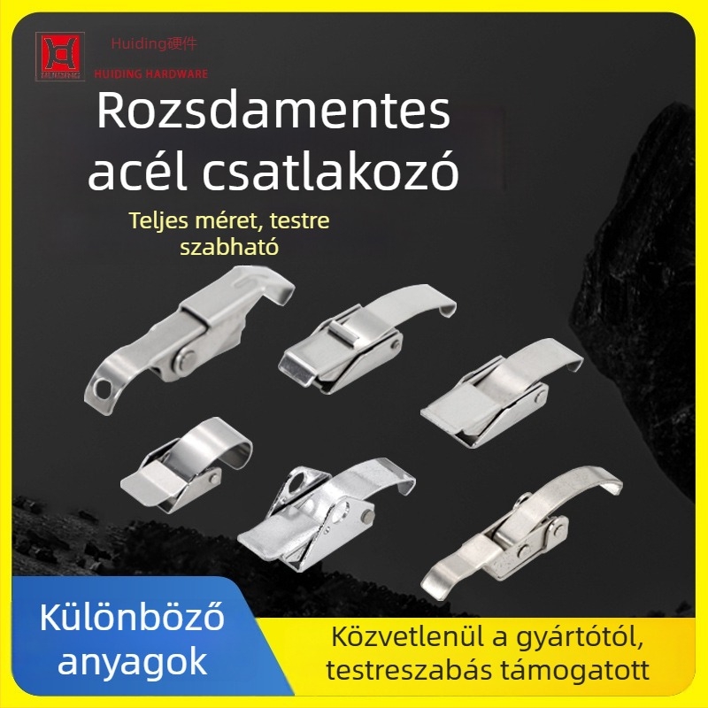 Rozsdamentes acélból készült, állítható biztonsági zár/csat; injekciós formázógépekhez és vákuumszívó berendezésekhez; modell Safety buckle; hosszú nehéz kampó; felület: vibrációs csiszolás