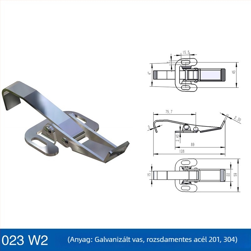 Rozsdamentes acélból készült, állítható biztonsági zár/csat; injekciós formázógépekhez és vákuumszívó berendezésekhez; modell Safety buckle; hosszú nehéz kampó; felület: vibrációs csiszolás