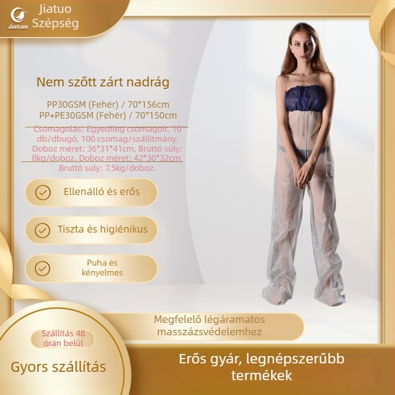 Justcare egyszer használatos nemszövött nadrágok, PP/PE nemszövött anyag, 30gsm, vízálló és olajálló, légáramlatos masszázs védelem, egyedi csomagolásban