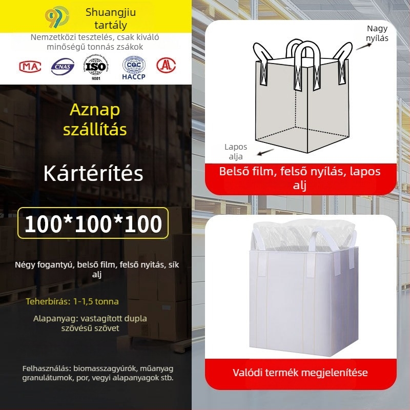 Ton bag belső filmmel, teherbírás 1000 kg, PE anyag, duplarétegben vízálló és nedvességálló, cement tárolására, logó nyomtatás