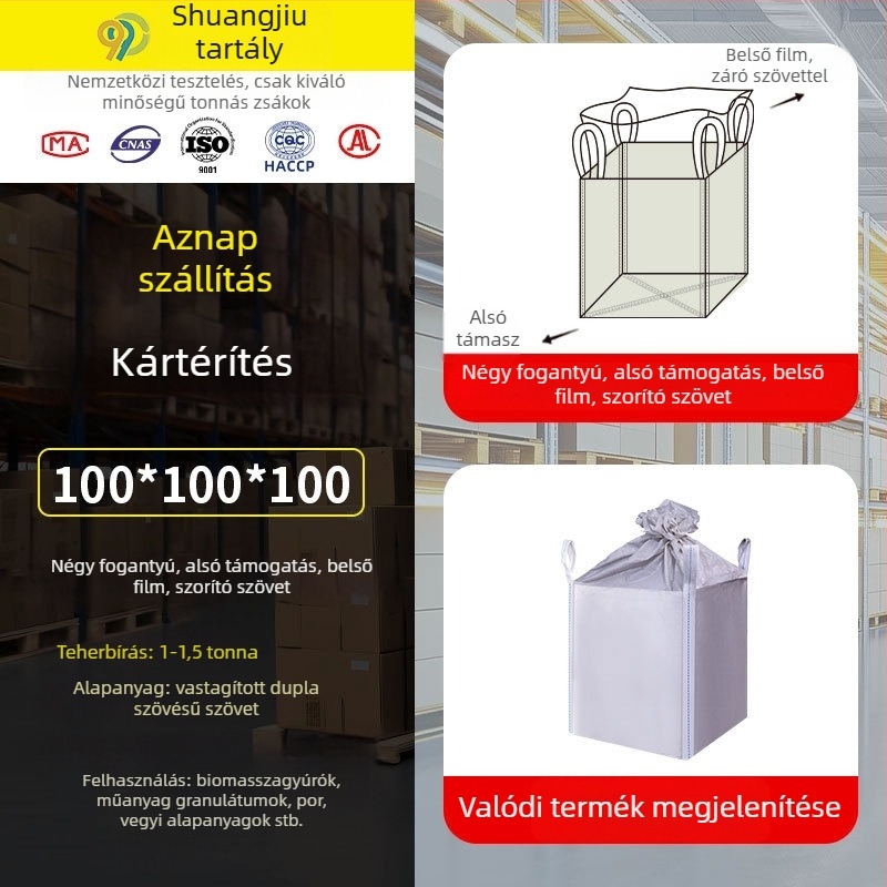 Ton bag belső filmmel, teherbírás 1000 kg, PE anyag, duplarétegben vízálló és nedvességálló, cement tárolására, logó nyomtatás