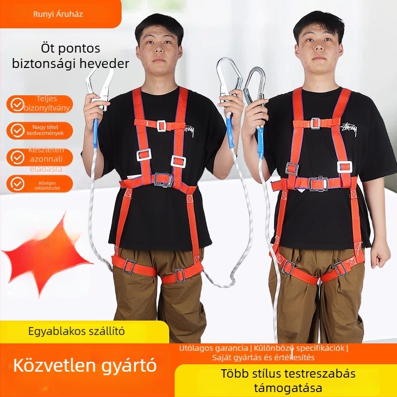 Ötpontos teljes testbiztonsági hám magasságban végzett munkákhoz, polipropilén anyagú öv és kötél, kötélhossz 2,3 m, dupla kampó