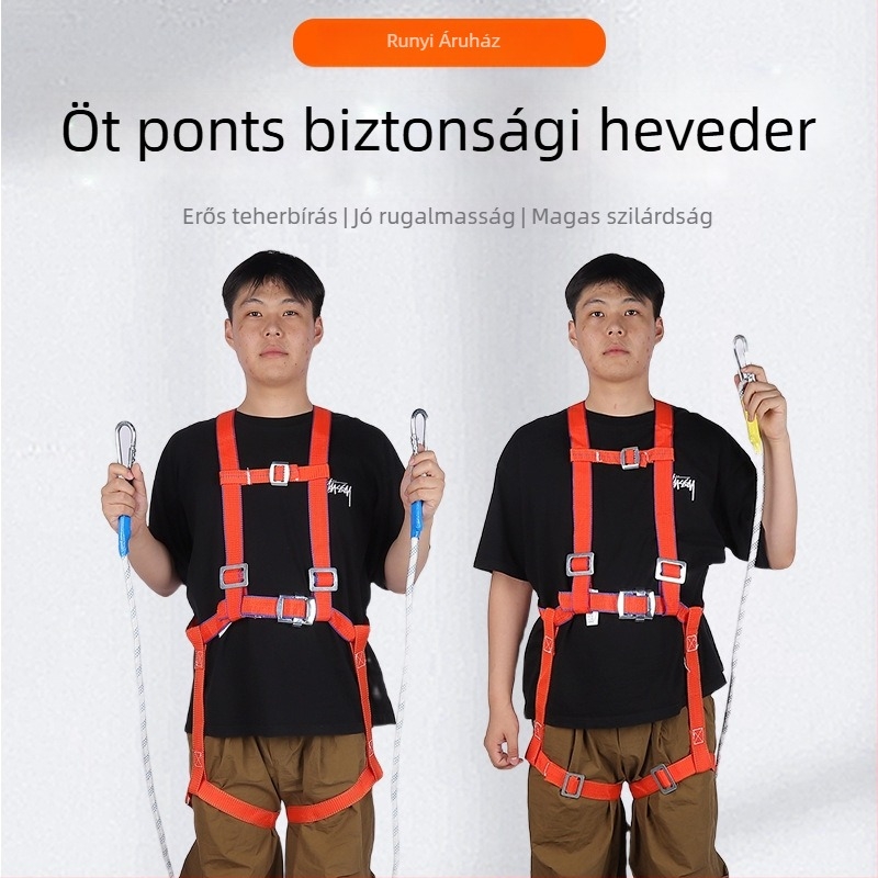 Ötpontos teljes testbiztonsági hám magasságban végzett munkákhoz, polipropilén anyagú öv és kötél, kötélhossz 2,3 m, dupla kampó