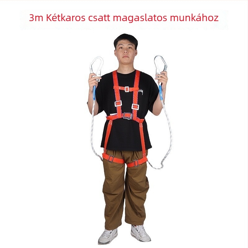 Ötpontos teljes testbiztonsági hám magasságban végzett munkákhoz, polipropilén anyagú öv és kötél, kötélhossz 2,3 m, dupla kampó