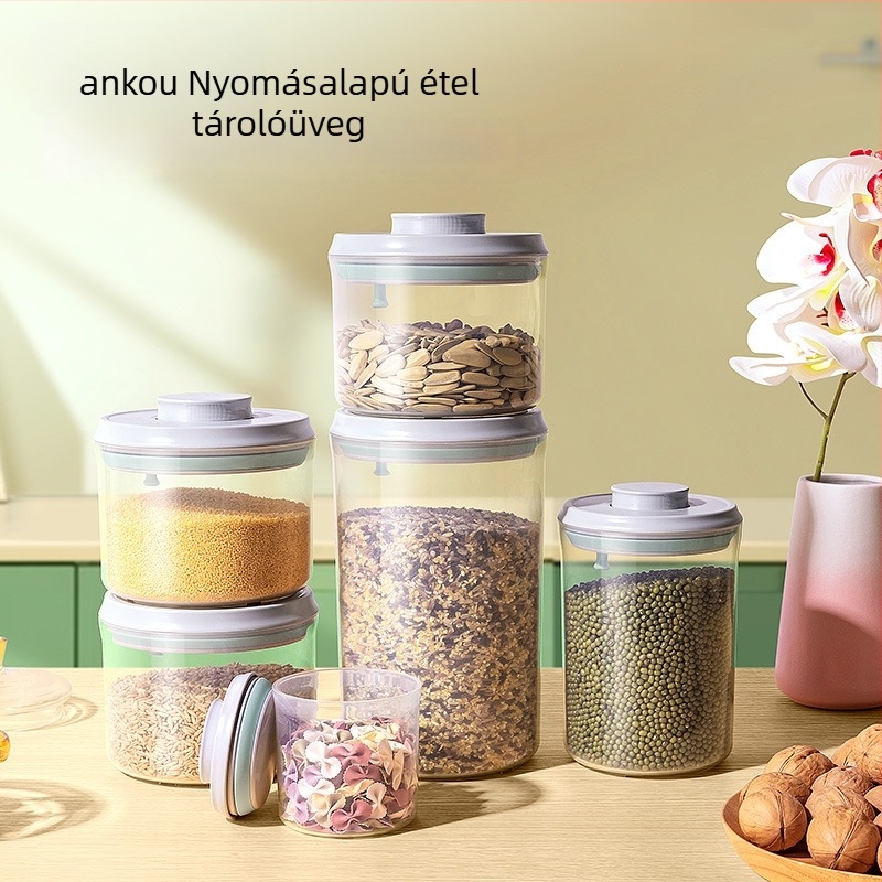 Ankou Push-típusú élelmiszertároló, műanyag, 1–2 L, snackek és gabonafélék számára