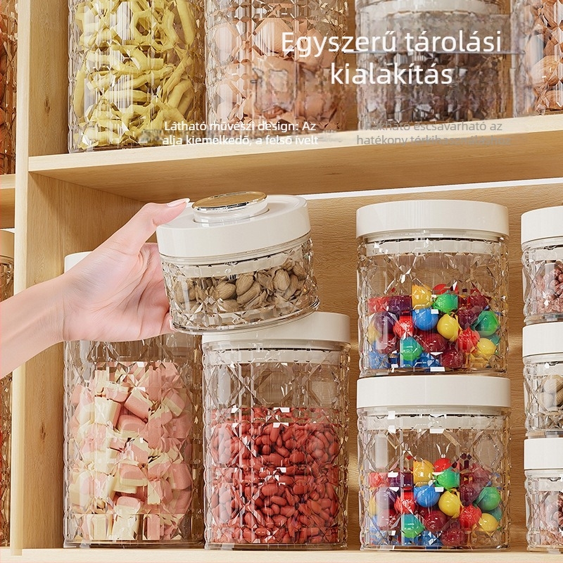 Műanyag tárolóedény nyomás-zárófedővel, átlátszó, 301–500 ml, gabonákra, diófélékre, teára és nassolnivalókra alkalmas, modern minimalist stílusú