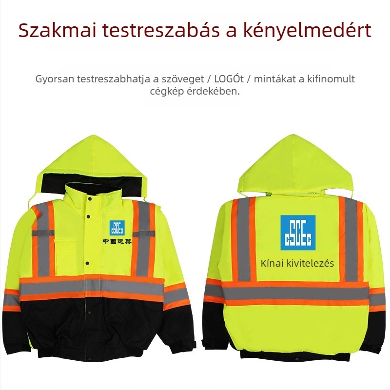 Téli biztonsági dzseki fényvisszaverő csíkokkal, felosztott dizájn, fényes műszálas anyag; súly 1000