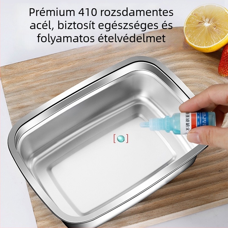 Élelmiszer-tároló doboz, téglalap alakú, 201 rozsdamentes acél, 800-1000 ml, egyetlen réteg, frissen tartja az ételeket