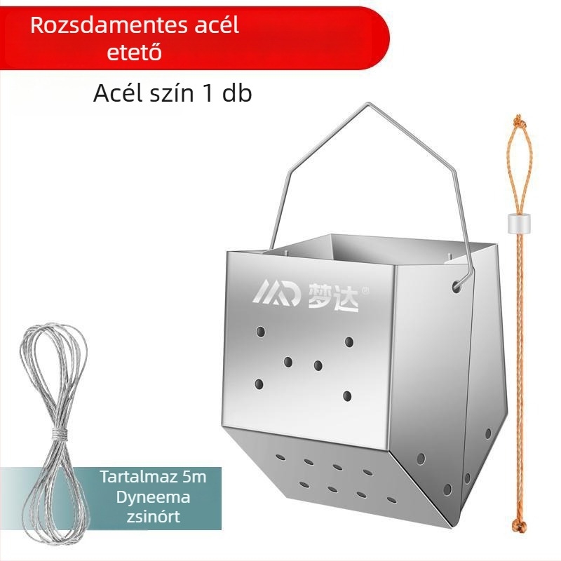Mengda rozsdamentes acél etetőeszköz vad halászathoz, dönthető vödör dizájn, rögzített pontú kézi bottal használható felszerelés, etetés a fenék felé