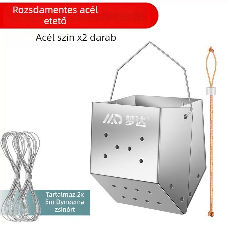Mengda rozsdamentes acél etetőeszköz vad halászathoz, dönthető vödör dizájn, rögzített pontú kézi bottal használható felszerelés, etetés a fenék felé