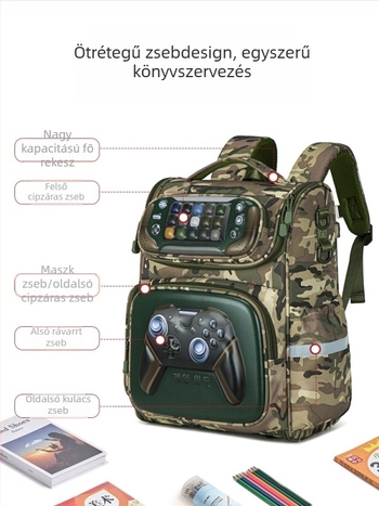 Horizontális stílusú gyerek hátizsák, könnyű, vízálló és kopásálló a 2–6. évfolyam számára, játékkonzol mintázatú kamufláž