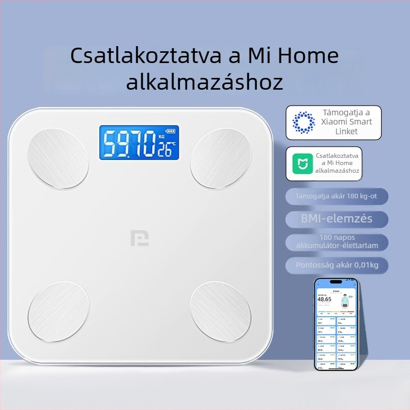 Testzsírt mérő mérleg, Mijia-alkalmazással kompatibilis; méri a testsúlyt, zsírt és nedvességet; maximális teher 180 kg; USB/akku töltés.