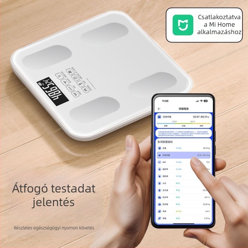 Testzsírt mérő mérleg, Mijia-alkalmazással kompatibilis; méri a testsúlyt, zsírt és nedvességet; maximális teher 180 kg; USB/akku töltés.