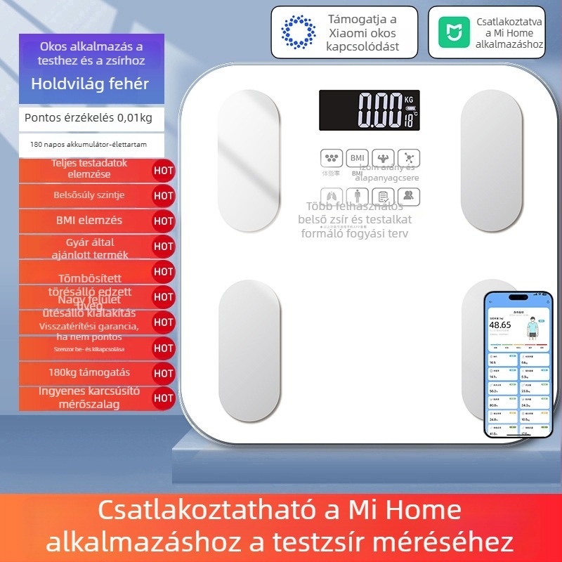 Testzsírt mérő mérleg, Mijia-alkalmazással kompatibilis; méri a testsúlyt, zsírt és nedvességet; maximális teher 180 kg; USB/akku töltés.