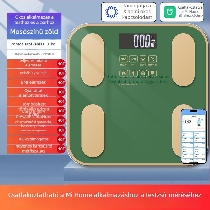 Testzsírt mérő mérleg, Mijia-alkalmazással kompatibilis; méri a testsúlyt, zsírt és nedvességet; maximális teher 180 kg; USB/akku töltés.