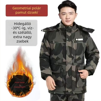 Férfi téli pamut munkaruha szett: bélelt dzseki és nadrág, kamufláž mintázat, kopásálló és hidegálló.