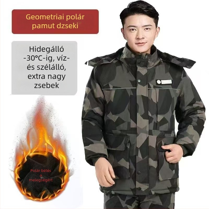 Férfi téli pamut munkaruha szett: bélelt dzseki és nadrág, kamufláž mintázat, kopásálló és hidegálló.