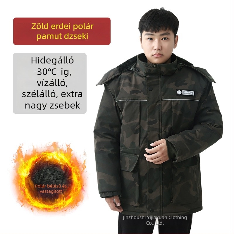Férfi téli pamut munkaruha szett: bélelt dzseki és nadrág, kamufláž mintázat, kopásálló és hidegálló.
