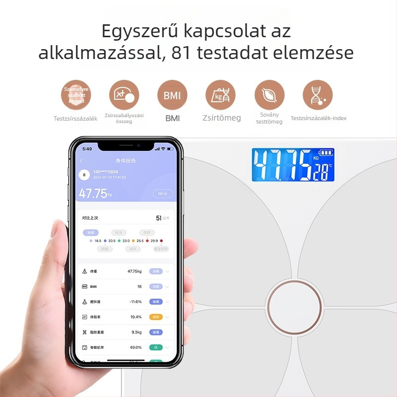TCL 6039-SY Testzsírmérleg, teherbírás 180 kg, 3 hüvelykes LED kijelző, USB tápegység, testzsír és víz analízis, edzett üveg
