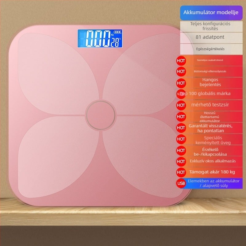 TCL 6039-SY Testzsírmérleg, teherbírás 180 kg, 3 hüvelykes LED kijelző, USB tápegység, testzsír és víz analízis, edzett üveg